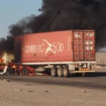 a freight truck traveling from Walvis Bay to Windhoek caught fire near the Swakopmund roadblock area along the B2 highway