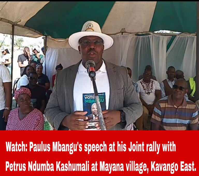 Watch: Paulus Mbangu's speech at his Joint rally with Petrus Ndumba Kashumali at Mayana village, Kavango East. 7 Watch: Paulus Mbangu's speech at his Joint rally with Petrus Ndumba Kashumali at Mayana village, Kavango East.