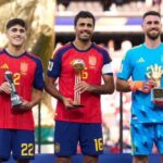 Spain's Pau Cubarsí, Rodri and Unai Simón pose with their individual awards after being named Young Player of the Tournament, Player of the Tournament and Golden Glove winner respectively at the 2026 FIFA World Cup