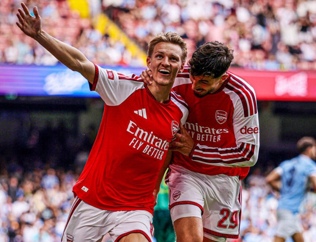 Arsenal Thrash Manchester City 3-0 to Lift Community Shield 1 Kai Havertz and Martin Ødegaard celebrate arsenal's goal in community Shield against Man City | Picture Contributed