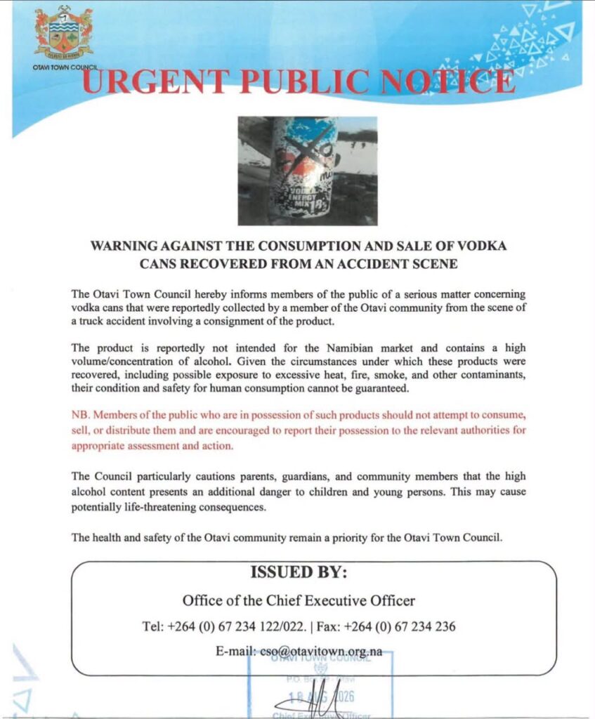 Otavi Council Warns Public Against Drinking Vodka Recovered From Truck Crash 2 1001480328