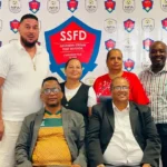 Standing, from left: Sebastian Lawrence, Suzel Cloete, Marilyn Klaaste and Likkius Elias. Seated: Andries Wimmerth (Deputy Chairperson) and Jakobus Murs Markus (Chairperson). Eric Wilmot of DTS FC was not pictured | Image credit: Phantom Connexion Media