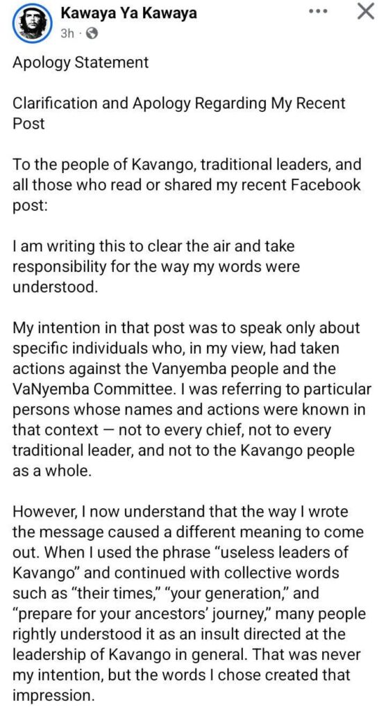 Kawaya Ya Kawaya Apologises to Kavango Traditional Leaders Over Controversial Post 9 Kawaya ya Kawaya Facebook's post
