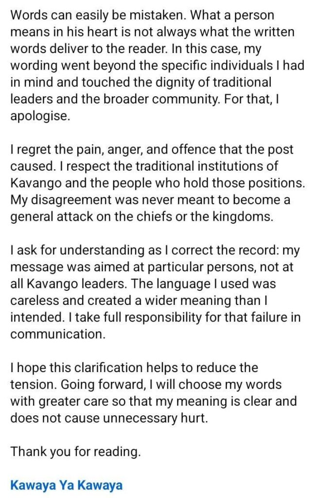 Kawaya Ya Kawaya Apologises to Kavango Traditional Leaders Over Controversial Post 10 Kawaya ya Kawaya Facebook's post