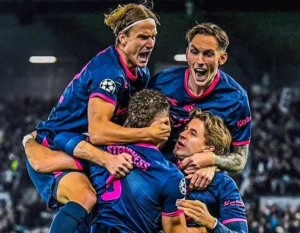 Vikings players celebrate after 2-0 lead against Bayern Munich
